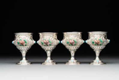 A rare Chinese silver, enamel and hardstone coffee set with matching tray, 20th C.