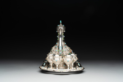 A rare Chinese silver, enamel and hardstone coffee set with matching tray, 20th C.