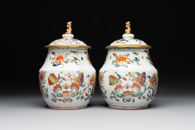 A pair of Chinese famille rose 'Madame de Pompadour' pot-pourri jars with bronze-mounted covers, Qianlong, ca. 1745