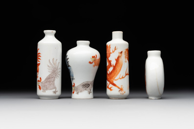 Three Chinese iron-red snuff bottles and one polychrome snuff bottle, Qianlong and Jie Mei Ya Zhi 介眉雅製 mark, 19th C.