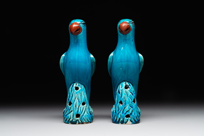 A pair of Chinese turquoise-glazed parrots, 19th C.