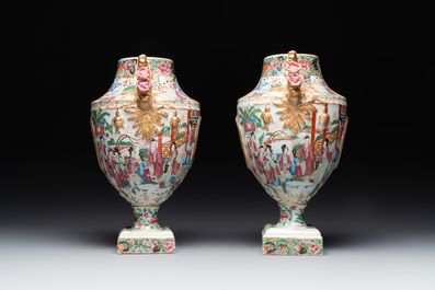 A rare pair of Chinese Canton famille rose export urns, 19th C.