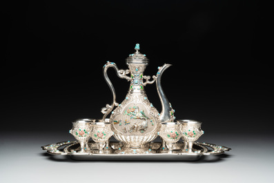 A rare Chinese silver, enamel and hardstone coffee set with matching tray, 20th C.