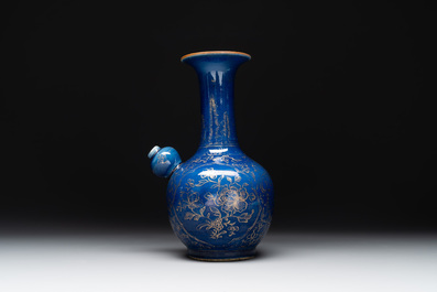 A Chinese gilt-decorated powder-blue kendi with floral design, Kangxi