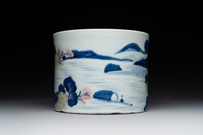 A large Chinese blue, white, celadon and copper-red brush pot on a later gilt bronze foot, 'bitong', Kangxi