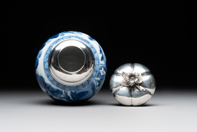 A Chinese blue and white silver mounted tea caddy with a river landscape, Kangxi