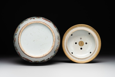 A pair of Chinese famille rose 'Madame de Pompadour' pot-pourri jars with bronze-mounted covers, Qianlong, ca. 1745