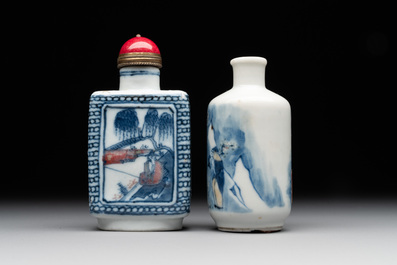 Two Chinese blue, white and copper-red snuff bottles, Chenghua mark, 19/20th C.