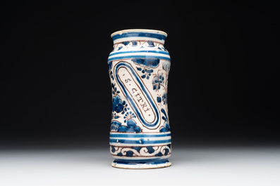 A blue, white and manganese Portuguese faience albarello, 17th C.