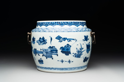 A fine Chinese blue and white 'landscape and antiquities' bowl with silver handles, Kangxi