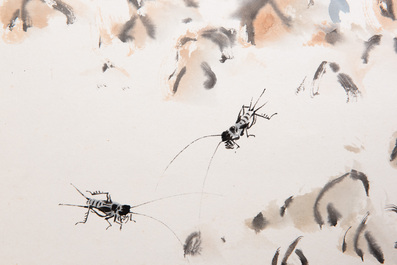 Qi Liangchi 齊良遲 (1921-2003): 'Butterfly, crickets and flowers', ink and colour on paper