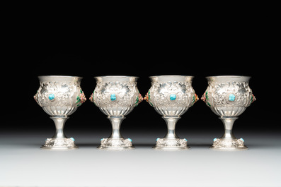 A rare Chinese silver, enamel and hardstone coffee set with matching tray, 20th C.