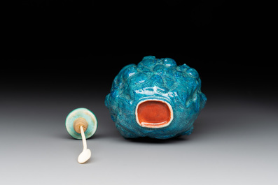 A rare Chinese robin's-egg-glazed moulded '18 Luohan' snuff bottle, 19th C.