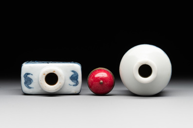 Two Chinese blue, white and copper-red snuff bottles, Chenghua mark, 19/20th C.
