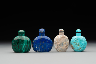 Six Chinese snuff bottles in various carved gemstones, 19/20th C.