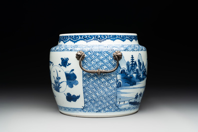 A fine Chinese blue and white 'landscape and antiquities' bowl with silver handles, Kangxi