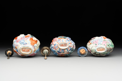 Six Chinese moulded famille rose snuff bottles, Qianlong mark, 19th C.