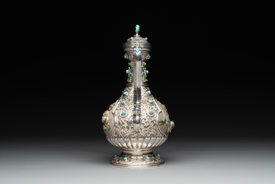 A rare Chinese silver, enamel and hardstone coffee set with matching tray, 20th C.