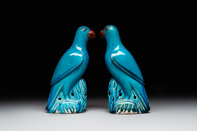 A pair of Chinese turquoise-glazed parrots, 19th C.