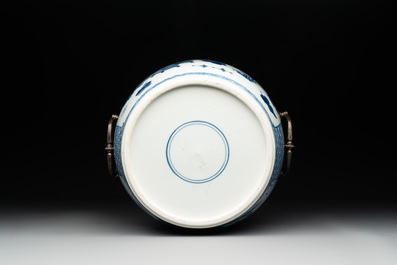 A fine Chinese blue and white 'landscape and antiquities' bowl with silver handles, Kangxi