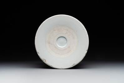 A large Chinese blue, white, celadon and copper-red brush pot on a later gilt bronze foot, 'bitong', Kangxi