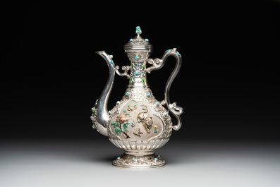 A rare Chinese silver, enamel and hardstone coffee set with matching tray, 20th C.