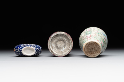 Two Chinese famille rose 'lotus scroll' snuff bottles and a flamb&eacute;-glazed snuff bottle, 19th C.