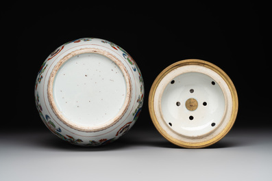 A pair of Chinese famille rose 'Madame de Pompadour' pot-pourri jars with bronze-mounted covers, Qianlong, ca. 1745