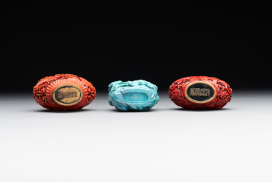 A Chinese carved turquoise snuff bottle and two red lacquer snuff bottles, Qianlong mark, 19/20th C.