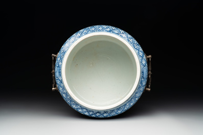 A fine Chinese blue and white 'landscape and antiquities' bowl with silver handles, Kangxi