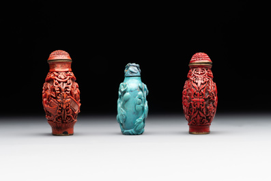 A Chinese carved turquoise snuff bottle and two red lacquer snuff bottles, Qianlong mark, 19/20th C.