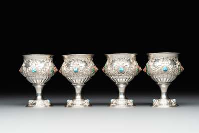 A rare Chinese silver, enamel and hardstone coffee set with matching tray, 20th C.