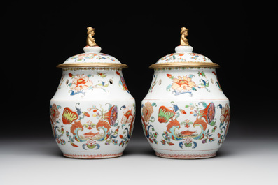 A pair of Chinese famille rose 'Madame de Pompadour' pot-pourri jars with bronze-mounted covers, Qianlong, ca. 1745