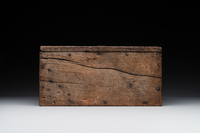 A Gothic wrought iron-mounted oak chest, probably France, 14/15th C.