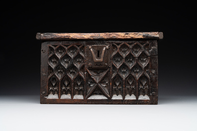 A Gothic wrought iron-mounted oak chest, probably France, 14/15th C.