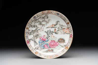 A Chinese famille rose 'erotic subject' cup and saucer, Yongzheng/Qianlong