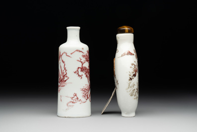 Two Chinese copper-red snuff bottles with landscape design, Chenghua mark, 19th C.