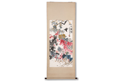 Qi Liangchi 齊良遲 (1921-2003): 'Butterfly, crickets and flowers', ink and colour on paper