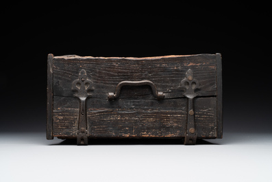 A Gothic wrought iron-mounted oak chest, probably France, 14/15th C.