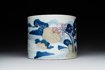 A large Chinese blue, white, celadon and copper-red brush pot on a later gilt bronze foot, 'bitong', Kangxi