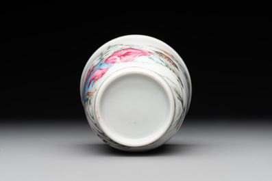 A Chinese famille rose 'erotic subject' cup and saucer, Yongzheng/Qianlong