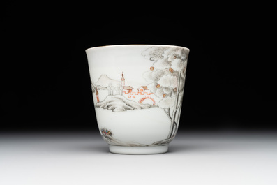 A Chinese famille rose 'erotic subject' cup and saucer, Yongzheng/Qianlong