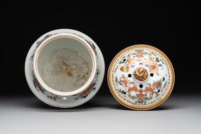 A pair of Chinese famille rose 'Madame de Pompadour' pot-pourri jars with bronze-mounted covers, Qianlong, ca. 1745