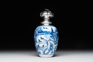 A Chinese blue and white silver mounted tea caddy with a river landscape, Kangxi
