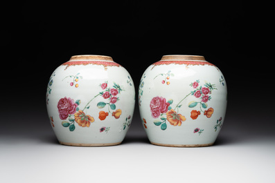 A pair of fine Chinese famille rose 'botanical Merian-style' jars with wooden covers, Qianlong