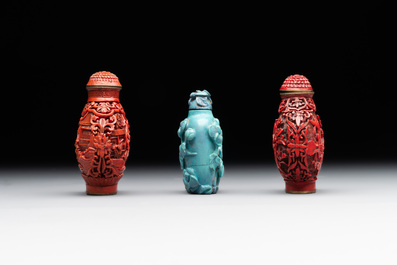 A Chinese carved turquoise snuff bottle and two red lacquer snuff bottles, Qianlong mark, 19/20th C.