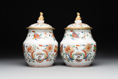 A pair of Chinese famille rose 'Madame de Pompadour' pot-pourri jars with bronze-mounted covers, Qianlong, ca. 1745