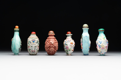 Six Chinese famille rose moulded snuff bottles, Qianlong mark, 19/20th C.