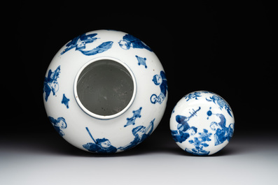 A rare Chinese blue and white 'figures' jar and cover, Kangxi mark, 19th C.