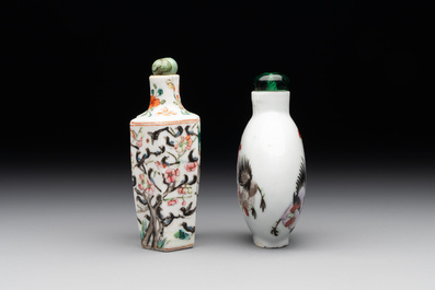 A Chinese double losange-shaped '12 zodiac animals' snuff bottle and a 'roosters' snuff bottle, 19th C.